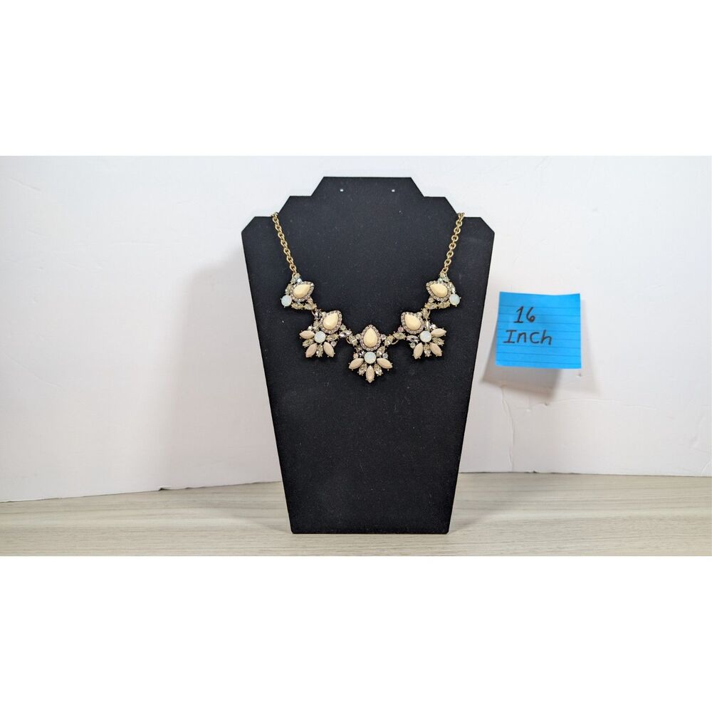 Cream Rhinestone Statement Necklace Gold Tone Floral Bib Necklace 16"